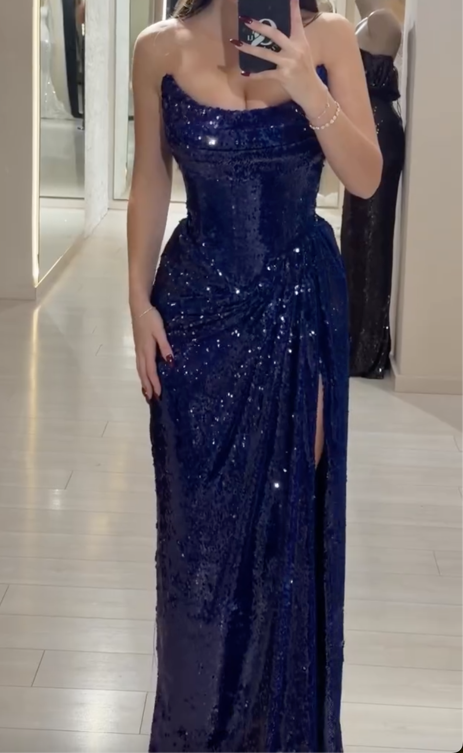 Navy Blue Sequin Strapless Maxi Dress with Draped Waist & High Thigh Slit