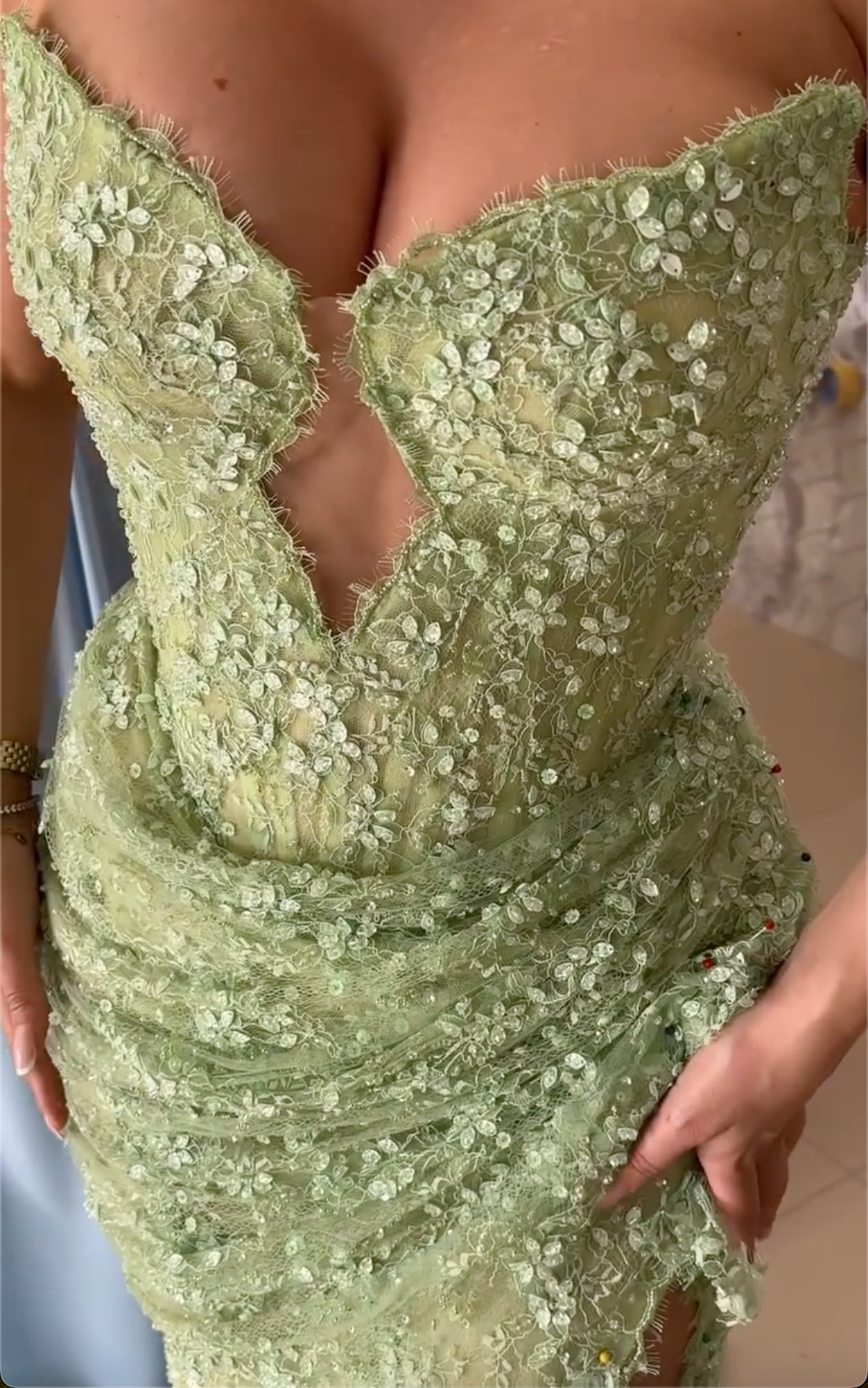 Sage Green Strapless Beaded Lace Mermaid Maxi Dress with High Slit - Formal Evening Gown