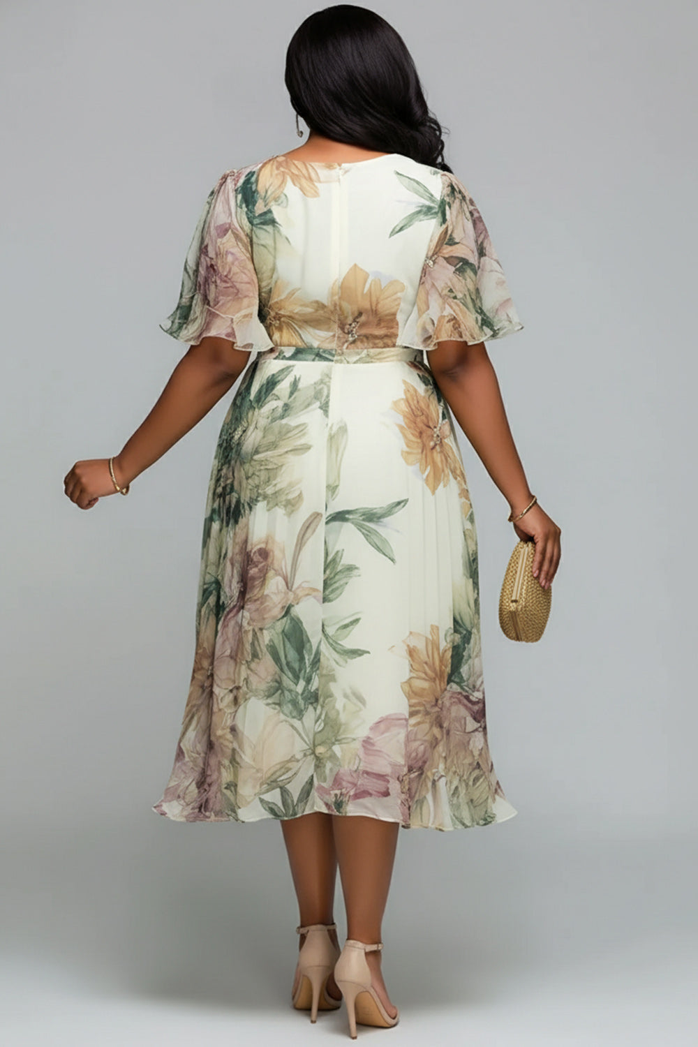 Cocktail Party Sage Green Floral Round Neck Short Sleeve Chiffon Midi Dresses