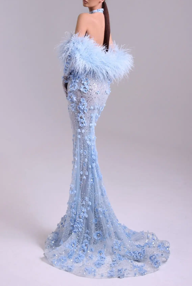 Baby Blue 3D Floral Halter Mermaid Maxi Dress with Feather Detail & Train