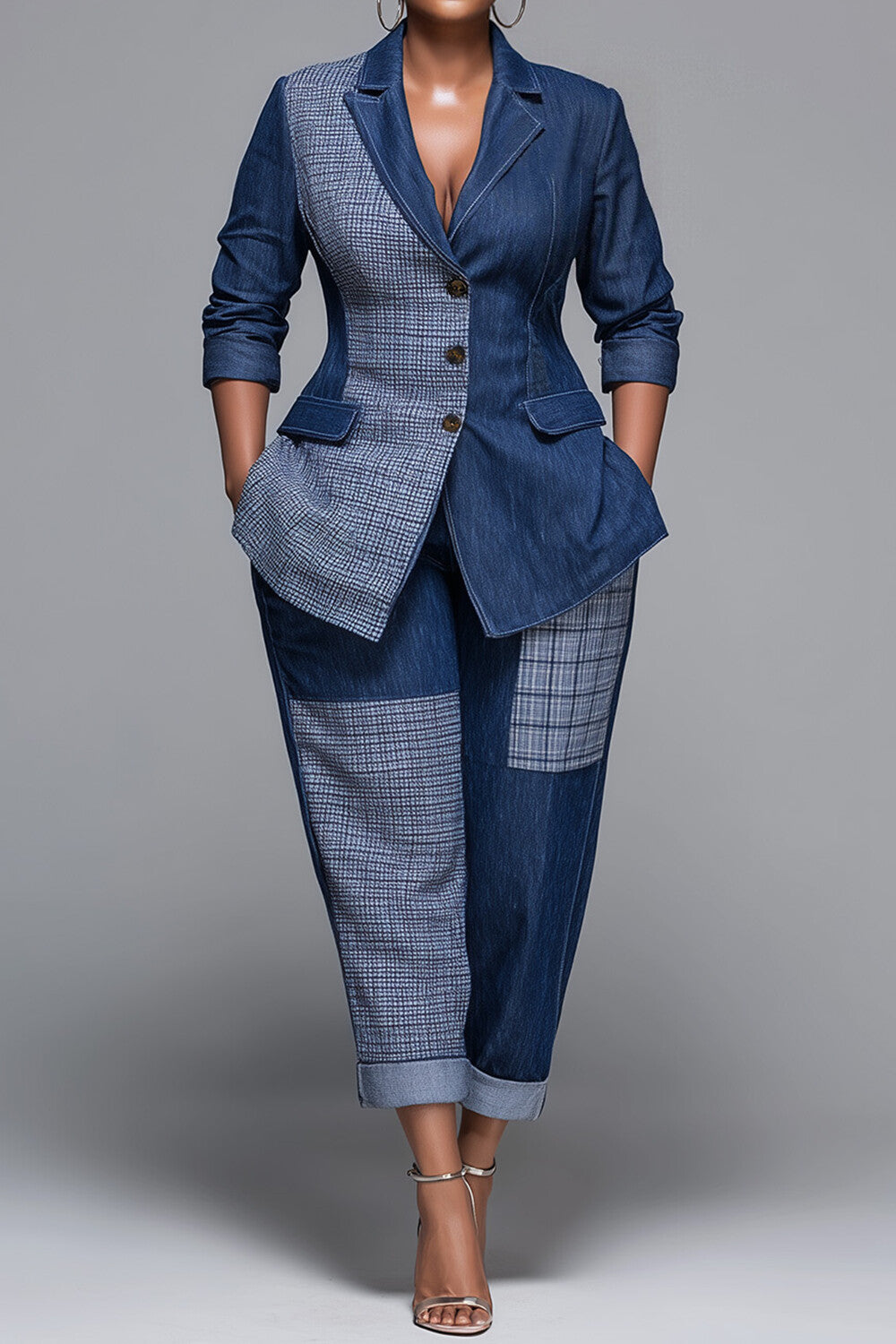 Xpluswear Design Plus Size Business Casual Blue Plaid Lapel Collar Long Sleeve Pocket Casual Contrast Denim Two Piece Pant Suits