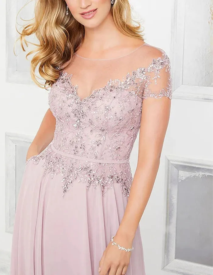 Crew Neck Lace And Chiffon Fabric Maxi Dress