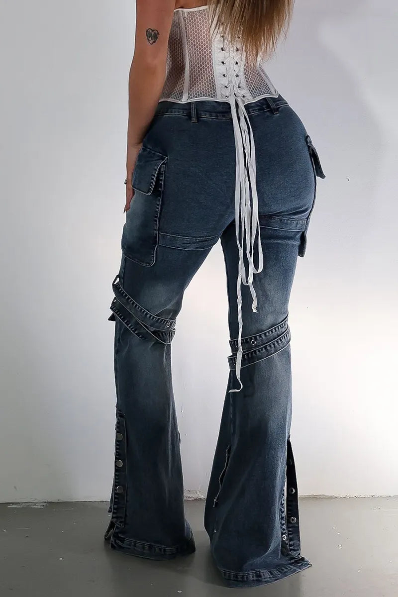 Women's Street Style Flared Jeans With Multi Pocket Patchwork And Side Button Slits