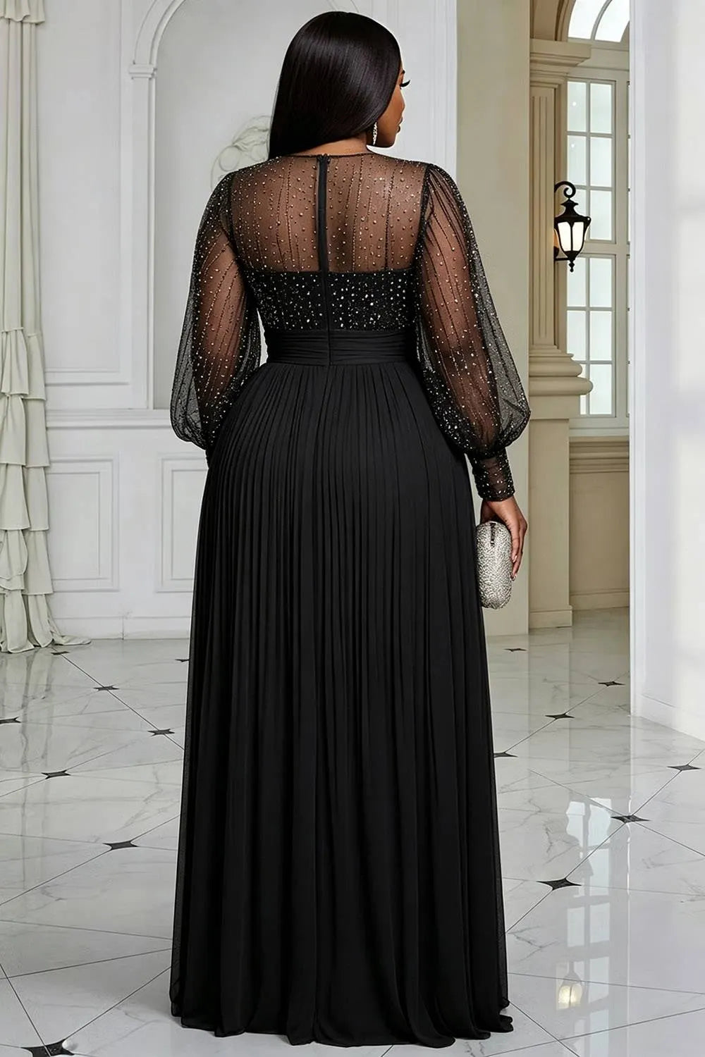 Black Round Neck Long Sleeve Split Elegant See Through Sequin Chiffon Maxi Dresses