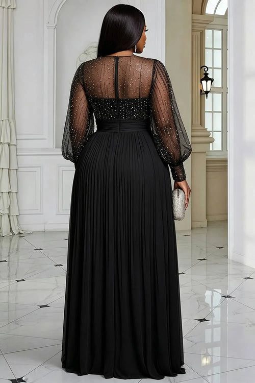 Black Round Neck Long Sleeve Split Elegant See Through Sequin Chiffon Maxi Dresses