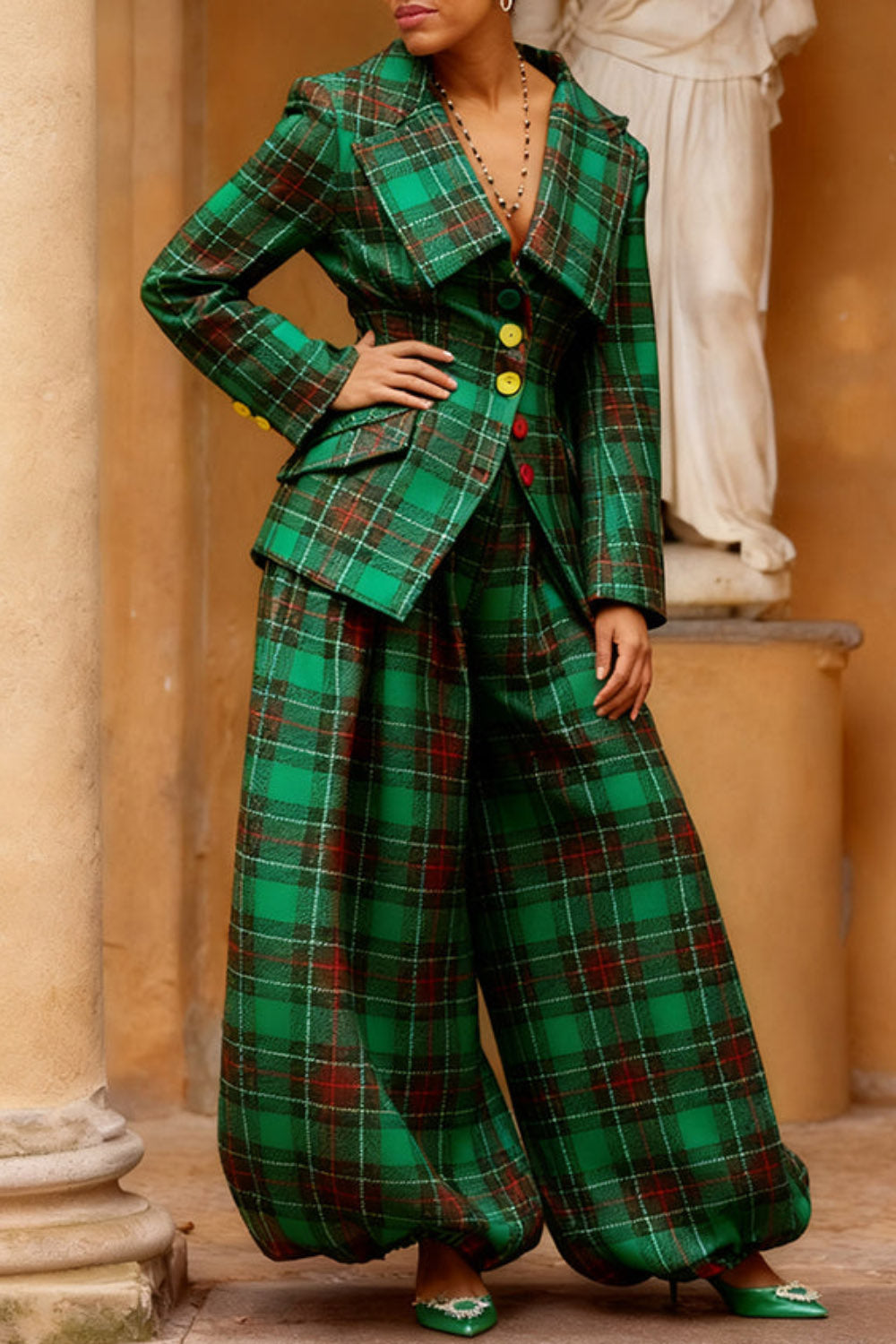 Christmas Green Plaid Turndown Collar Long Sleeve Pocket Elegant Jogging Two Piece Pant Sets