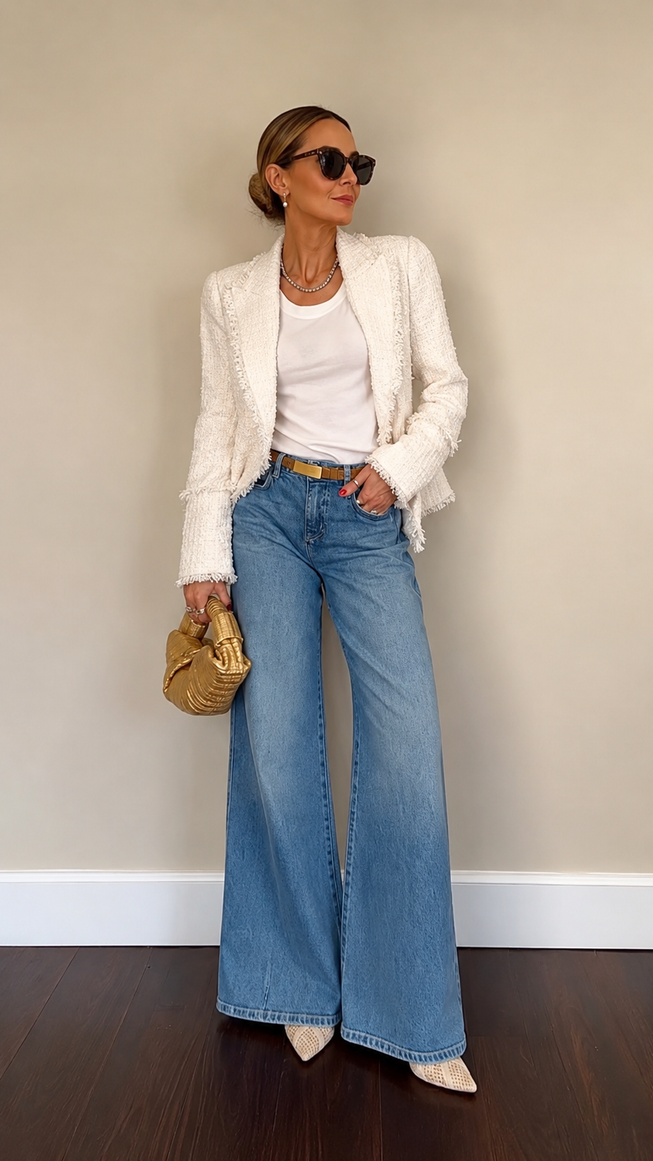 White Tweed Blazer & Wide‑Leg Denim Outfit
