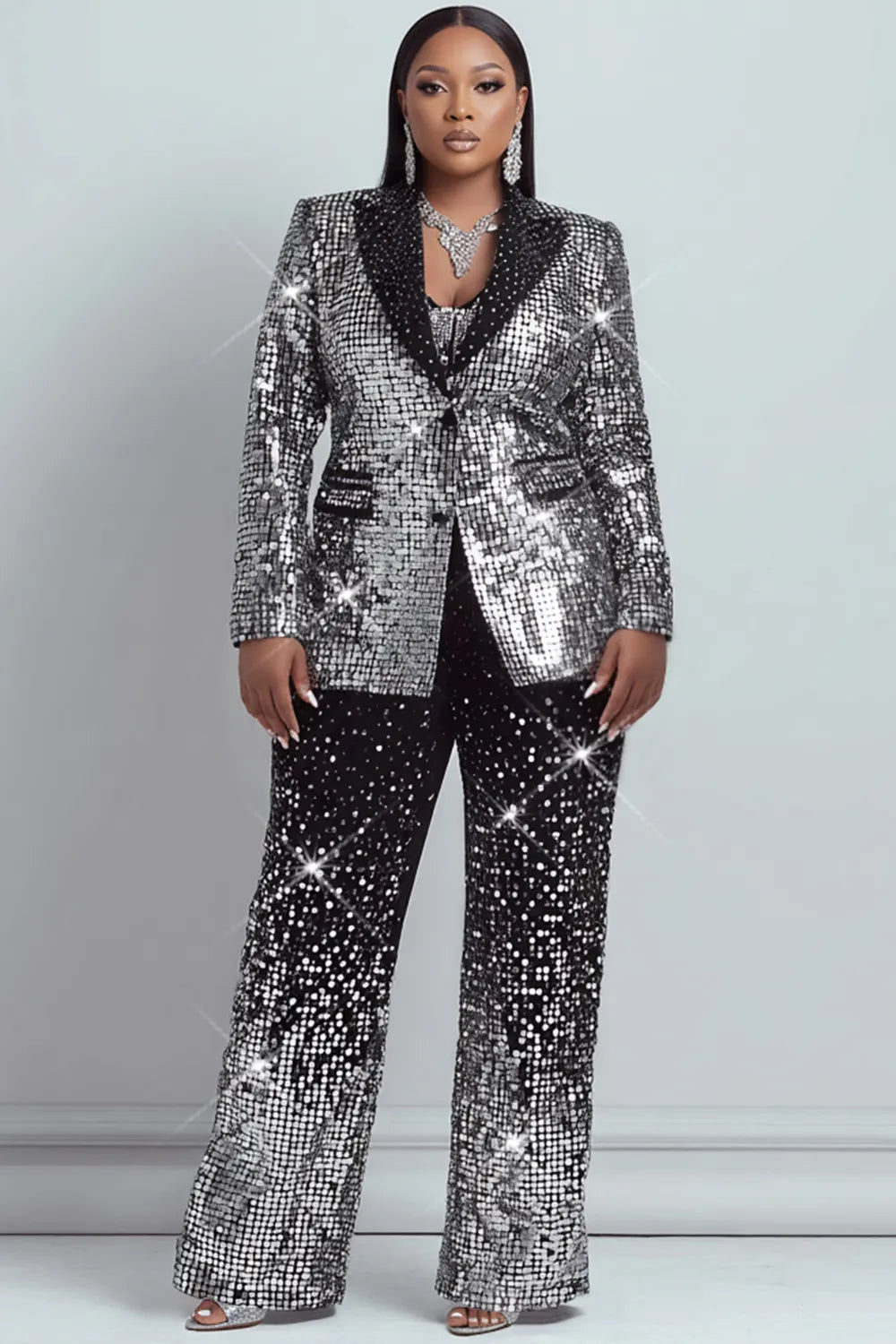 Silver Graphic Lapel Collar Long Sleeve Pocket Two Piece Pant Suits