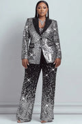 Silver Graphic Lapel Collar Long Sleeve Pocket Two Piece Pant Suits