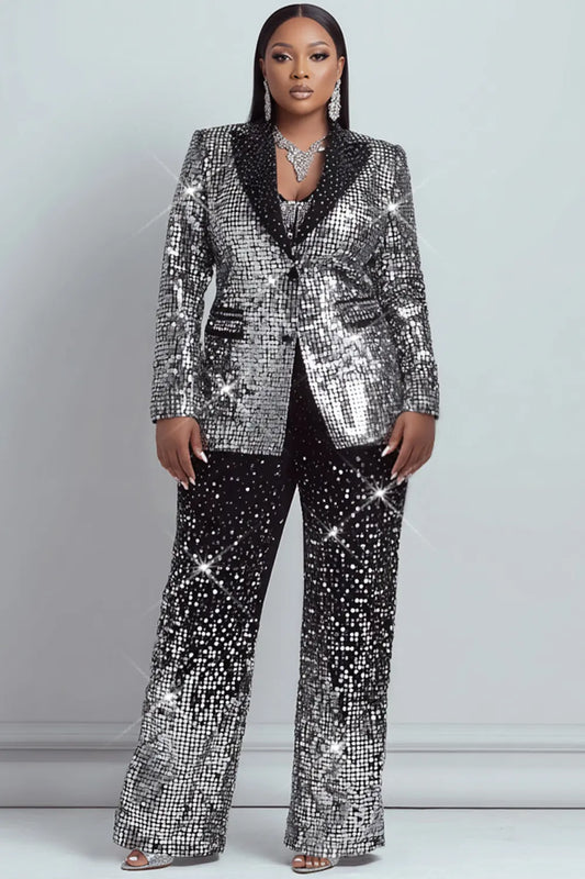 Silver Graphic Lapel Collar Long Sleeve Pocket Two Piece Pant Suits