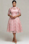 Mother Of The Bride Pink Round Neck Short Sleeve See Through Guipure Lace Midi Dresses
