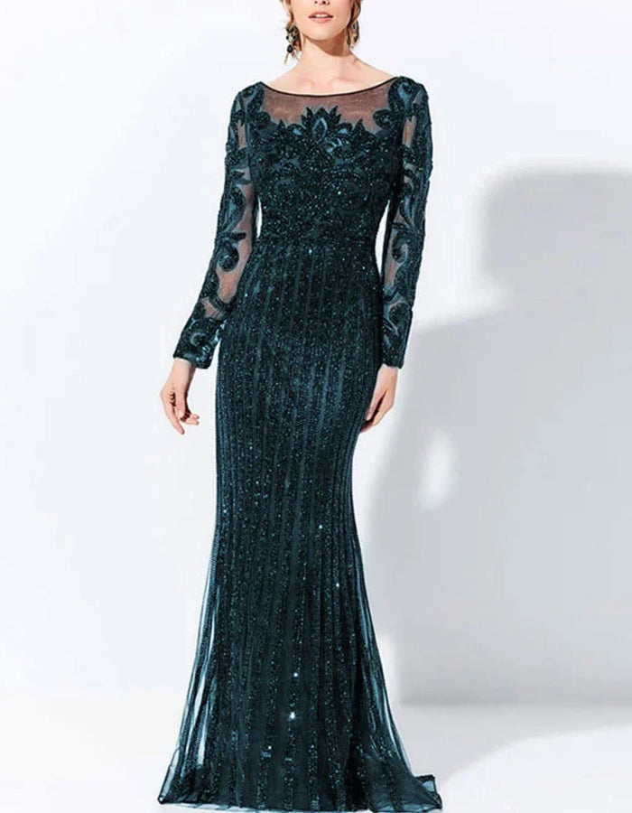 Round Neck Sequined Lace Long Sleeves Maxi Dress