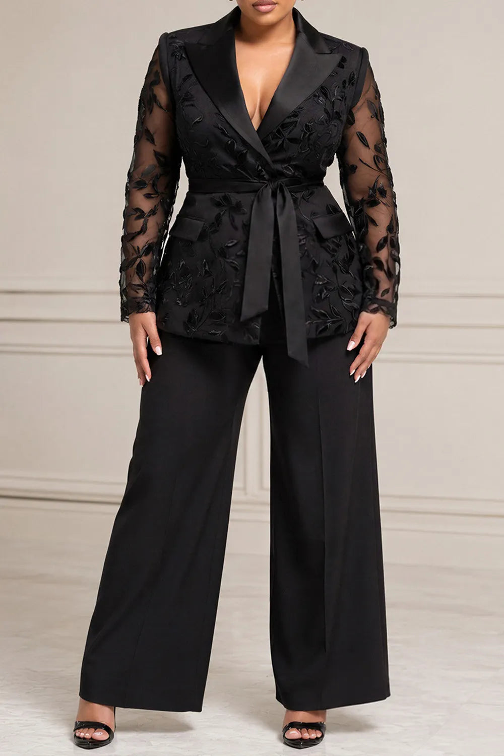 Lace Black Lapel Collar Long Sleeve Wrap See Through Satin Two Piece Pant Suits [Pre-Order]