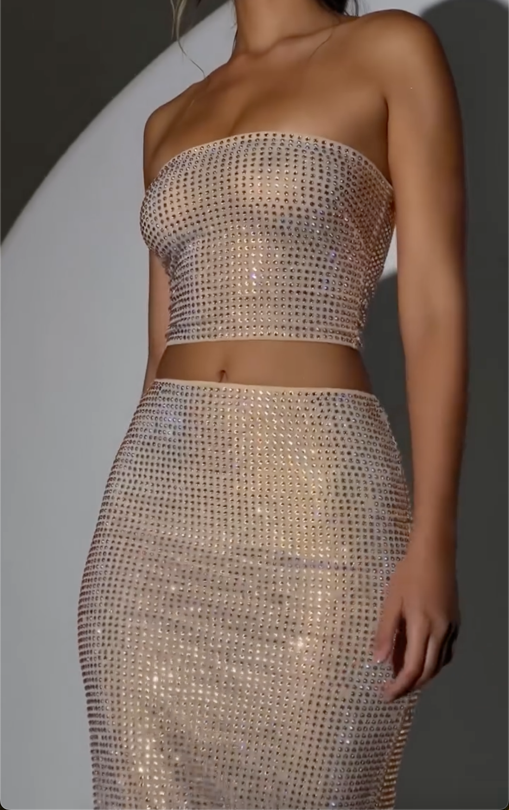 Beige Rhinestone-Embellished Two-Piece Midi Set - Formal Party Outfit