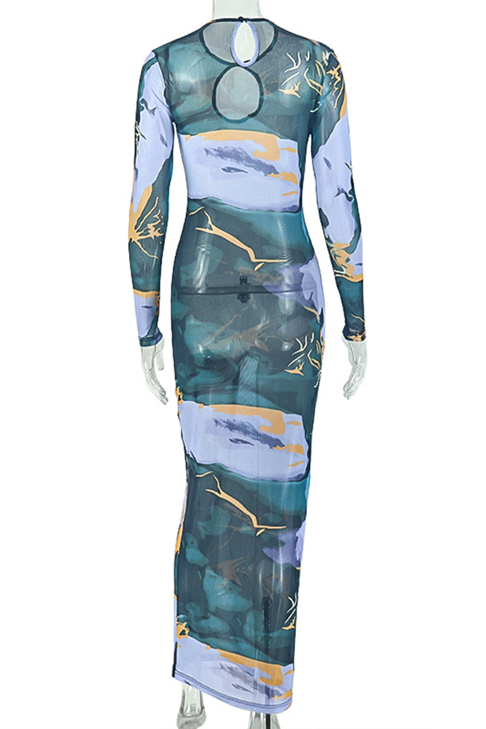 Round Neck Cut Out Colorblock Print Slim Fit Casual Maxi Dresses-Multicolor
