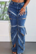Women's Street Style Cut Out Zip Front Kick Flare Jeans