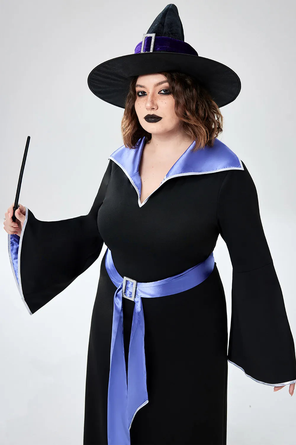 Halloween Costume Black Witches Cosplay Trumpet Sleeve Knitted Maxi Dress (Without Hat And Cane)(Ships 24h)