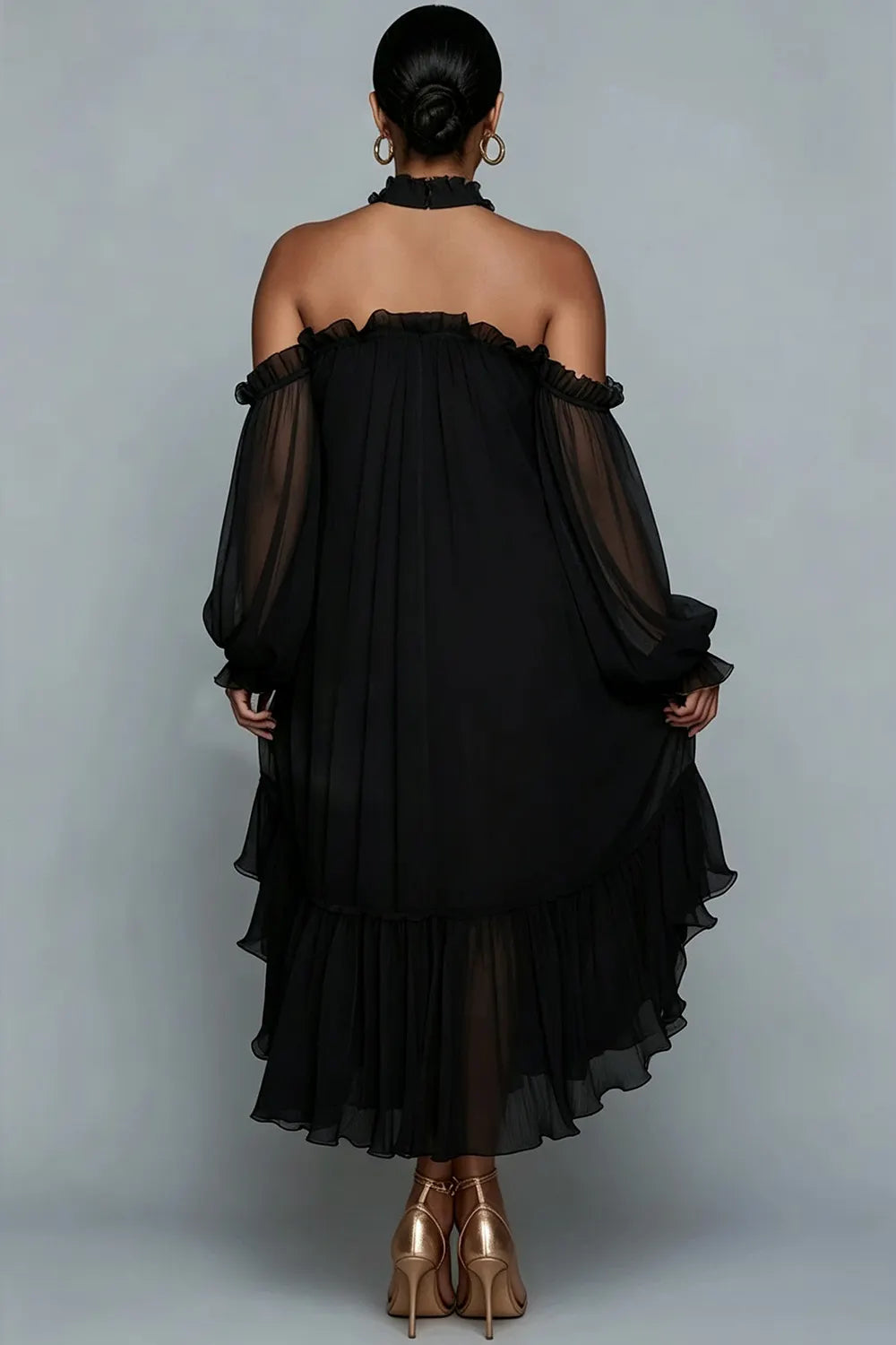 Birthday White Halter Collar Cold Shoulder Long Sleeve Ruffle Asymmetric Hem Irregular Hem Chiffon Midi Dresses