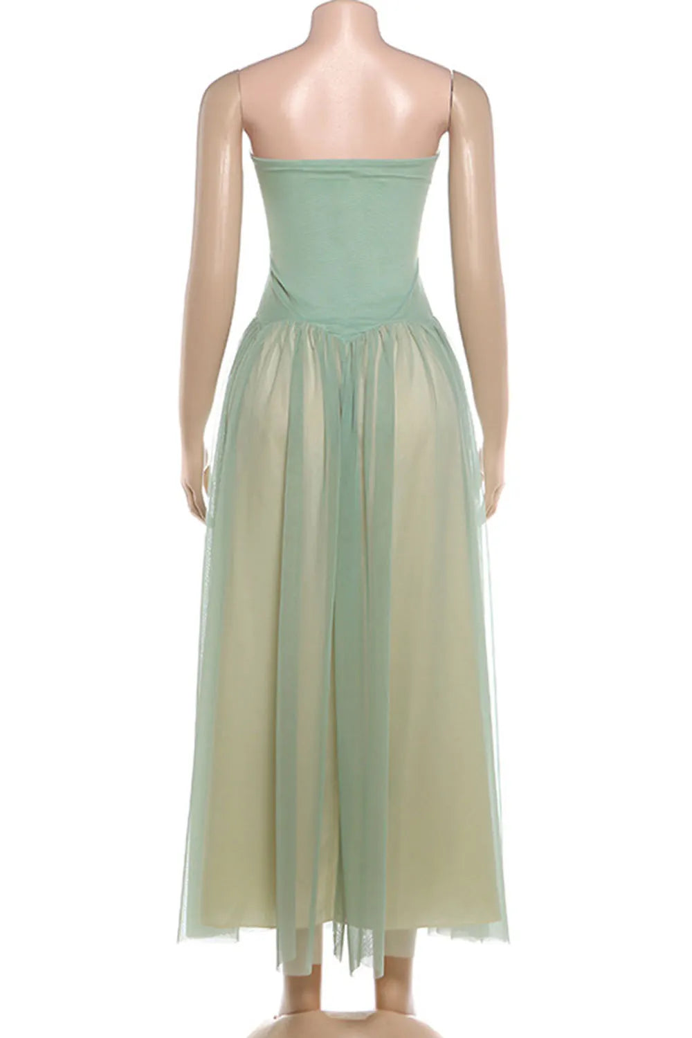 Plain Strapless Cinch Waist Mesh Patchwork Evening Gowns Maxi Dresses-Green