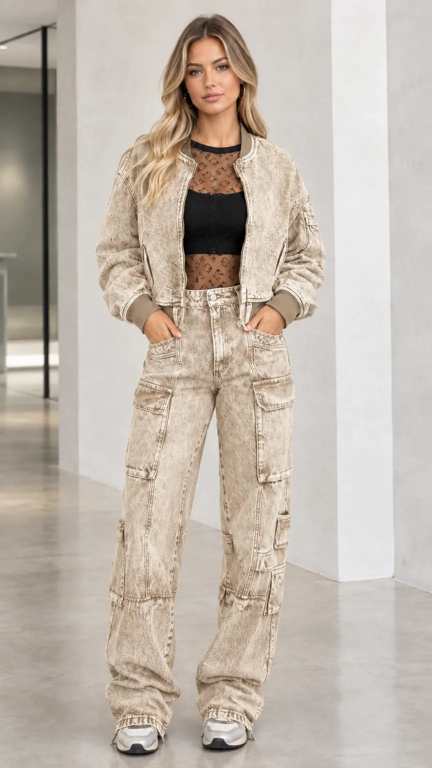 Washed Denim Bomber Jacket and Wide Leg Cargo Pants Two-Piece Set