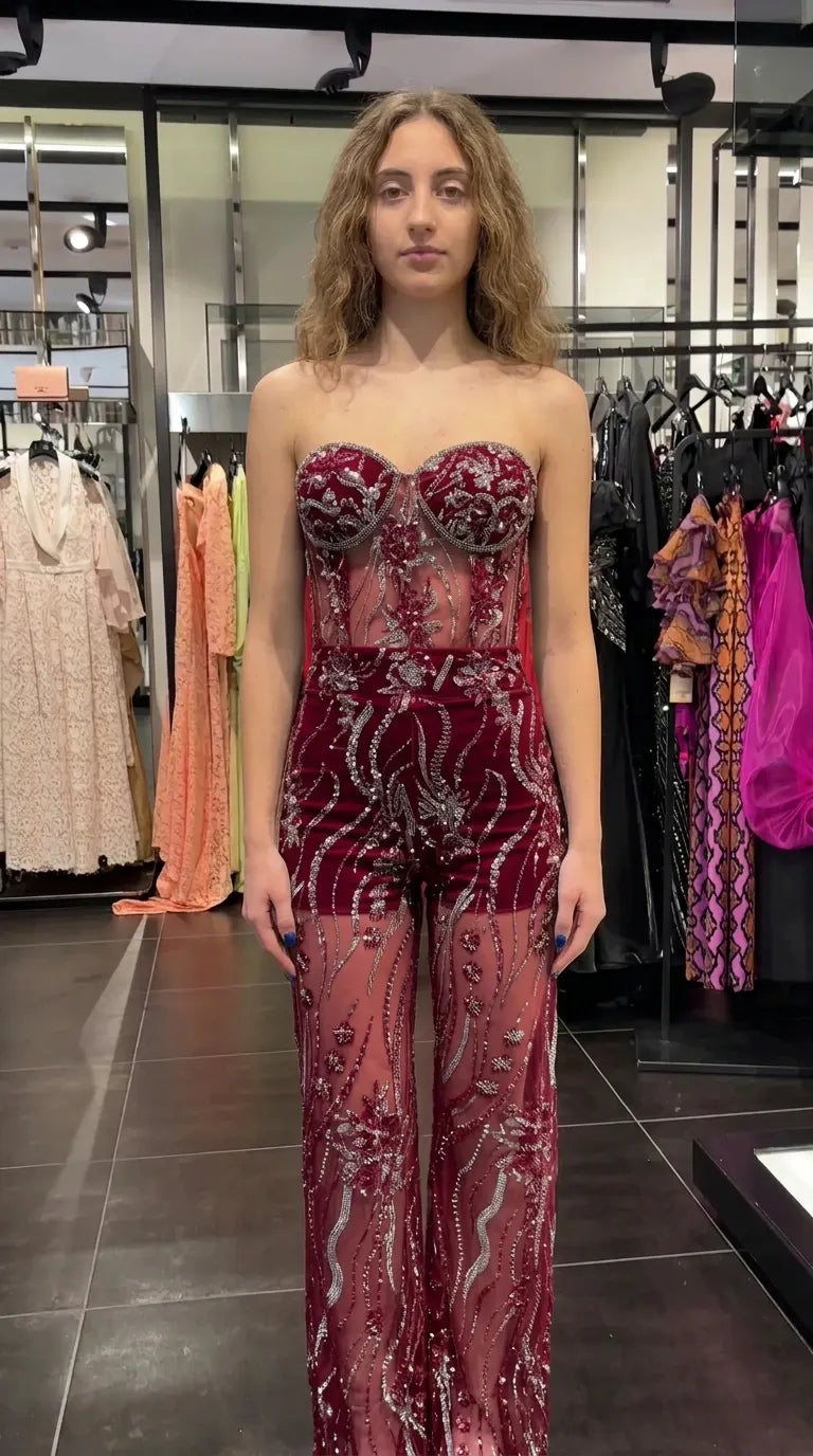 Strapless Sweetheart Sequin Mesh Evening Jumpsuit with Molded Corset Bodice