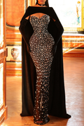 Black Sheer Gold Rhinestone Mermaid Maxi Dress with Cape