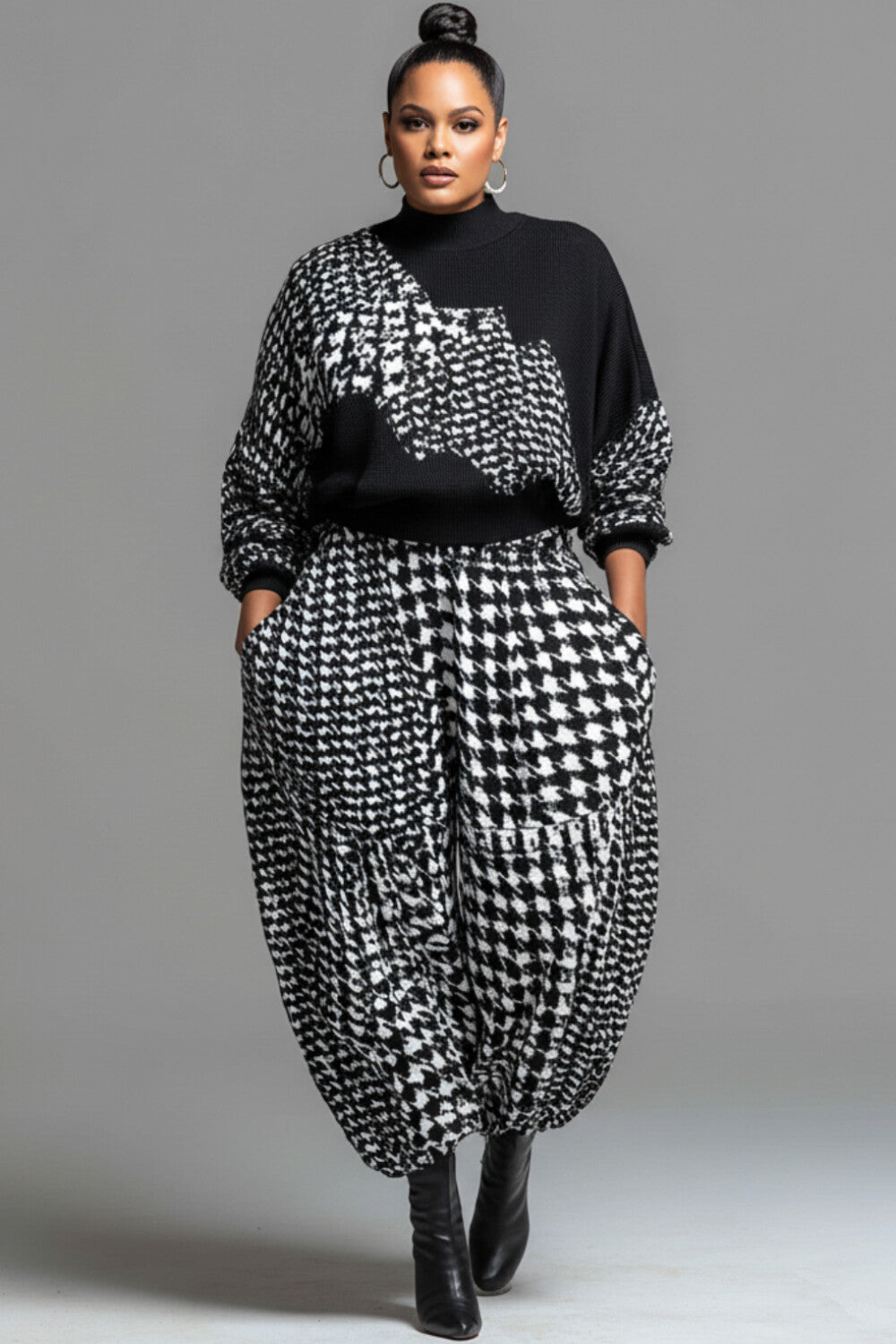 Business Casual Grey Houndstooth Mock Neck Long Sleeve Pocket Casual Jogging Two Piece Pant Sets