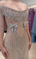 Silver Rhinestone Fringe Off‐the‐Shoulder Maxi Evening Gown, Sheer Mesh Beaded Bow Formal Dress for Prom Gala Wedding Guest Red‐Carpet
