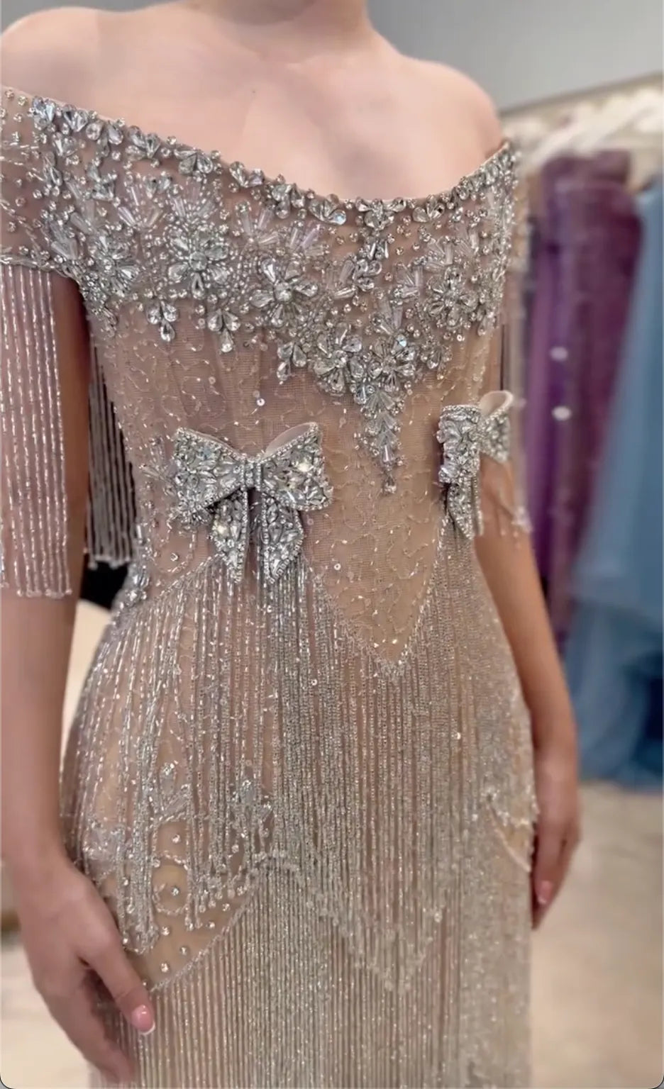 Silver Rhinestone Fringe Off‐the‐Shoulder Maxi Evening Gown, Sheer Mesh Beaded Bow Formal Dress for Prom Gala Wedding Guest Red‐Carpet