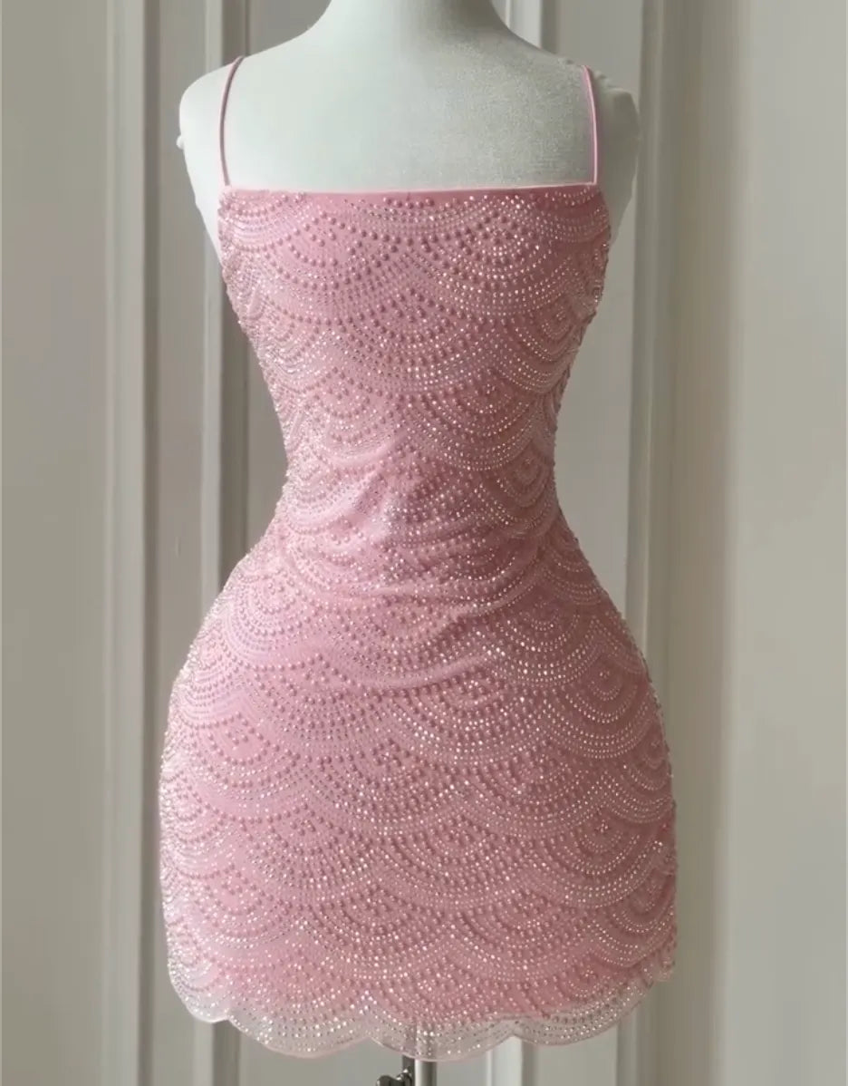 Thin Strap Square Neck Wavy Rhinestone Mini Bodycon Dress, White / Pink Sparkly Club Cocktail Party Gown