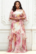 Pink Floral Round Neck Short Sleeve Ruffle Chiffon Maxi Dresses