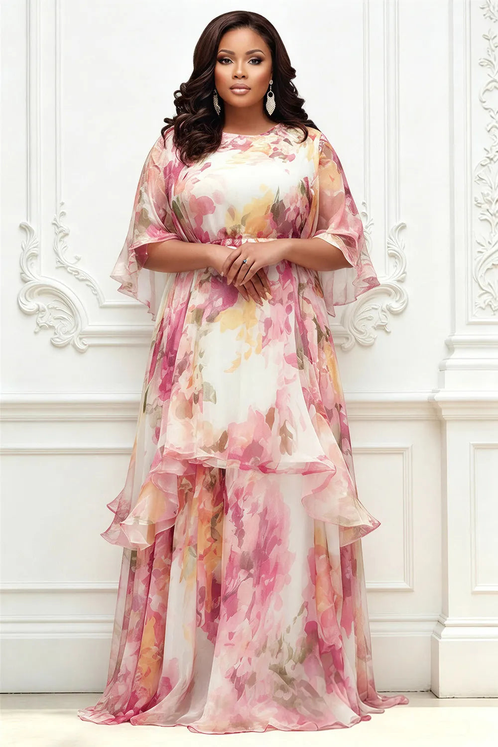 Pink Floral Round Neck Short Sleeve Ruffle Chiffon Maxi Dresses