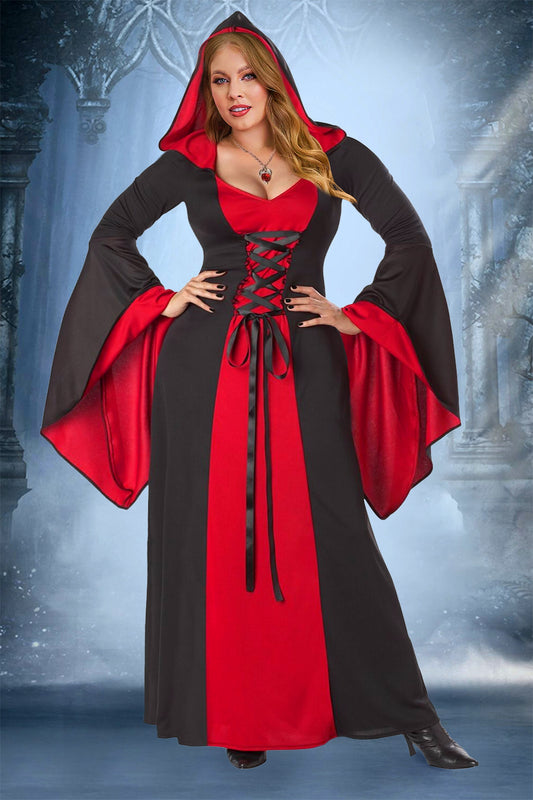 Halloween Costume Red Hooded Lace Up Witches Trumpet Sleeve Knitted Maxi Dress(Ships 24h)