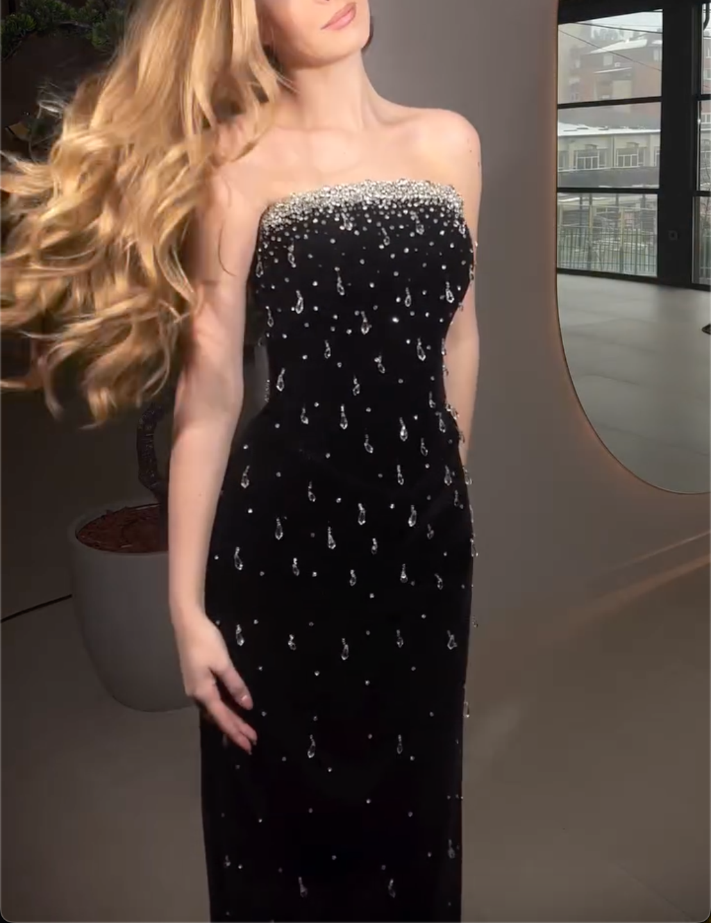 Black Strapless Maxi Dress with Teardrop Crystal Beading & Velvet Fabric