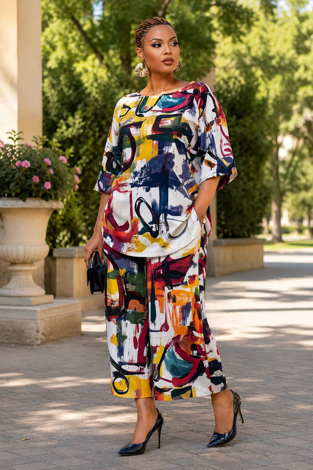 Vacation Multicolor All Over Print Round Neck Flare 3/4 Sleeve Pocket Two Piece Pant Sets