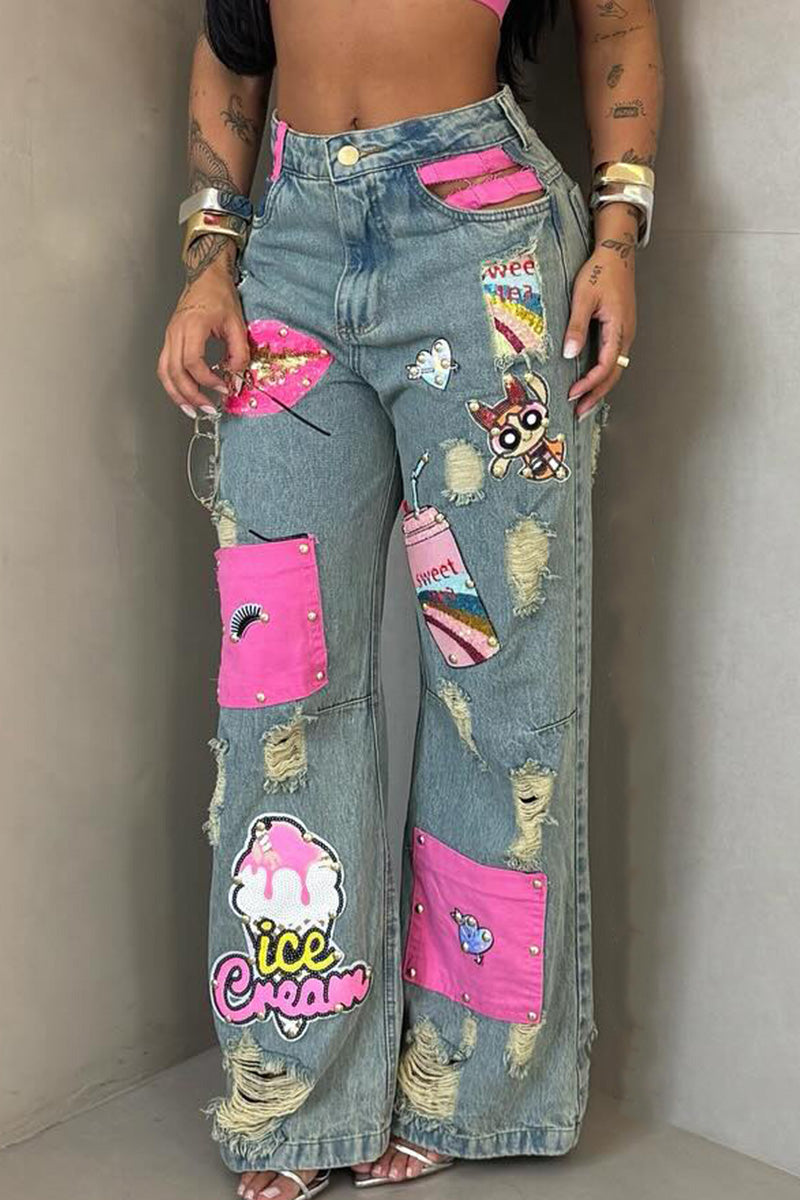 Women's Casual Cartoon Sequin Patch Washed Jeans