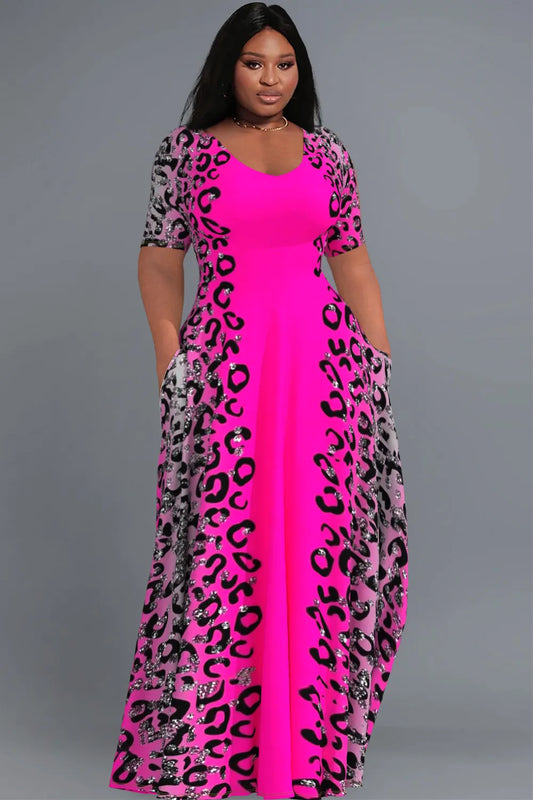 Casual Hot Pink Leopard Short Sleeve With Pockets Maxi Dress