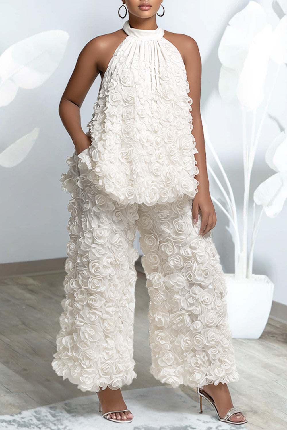 Cocktail Party White Halter Collar 3D Pocket Tulle Two Piece Pant Sets