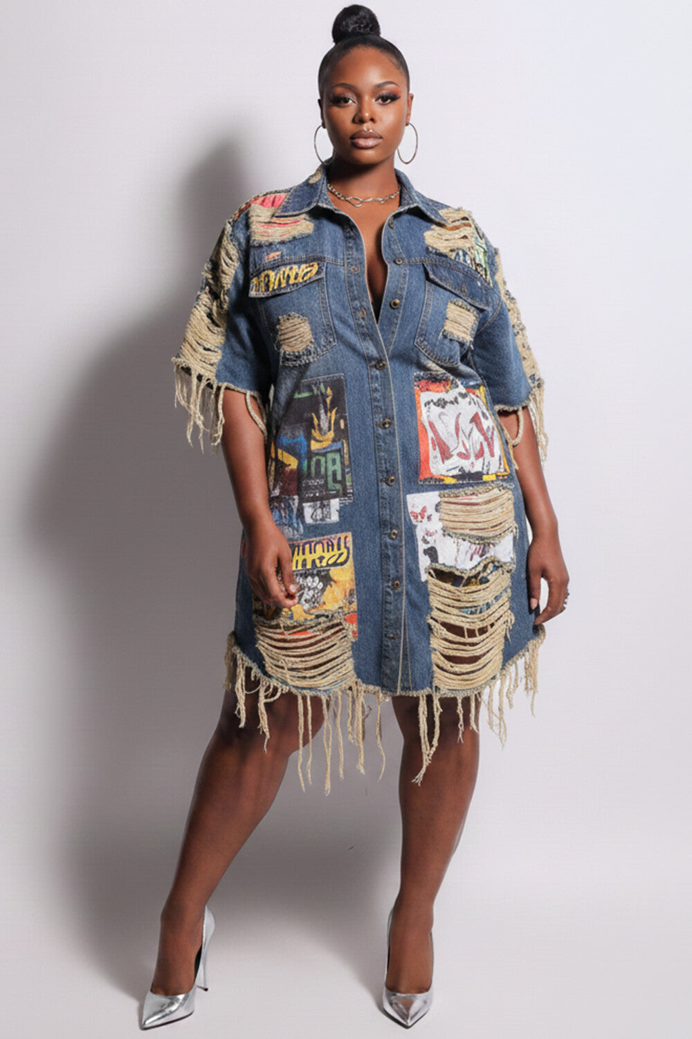 Xpluswear Design Plus Size Party Blue Graphic Shirt Collar Short Sleeve Distressed Denim Mini Dresses