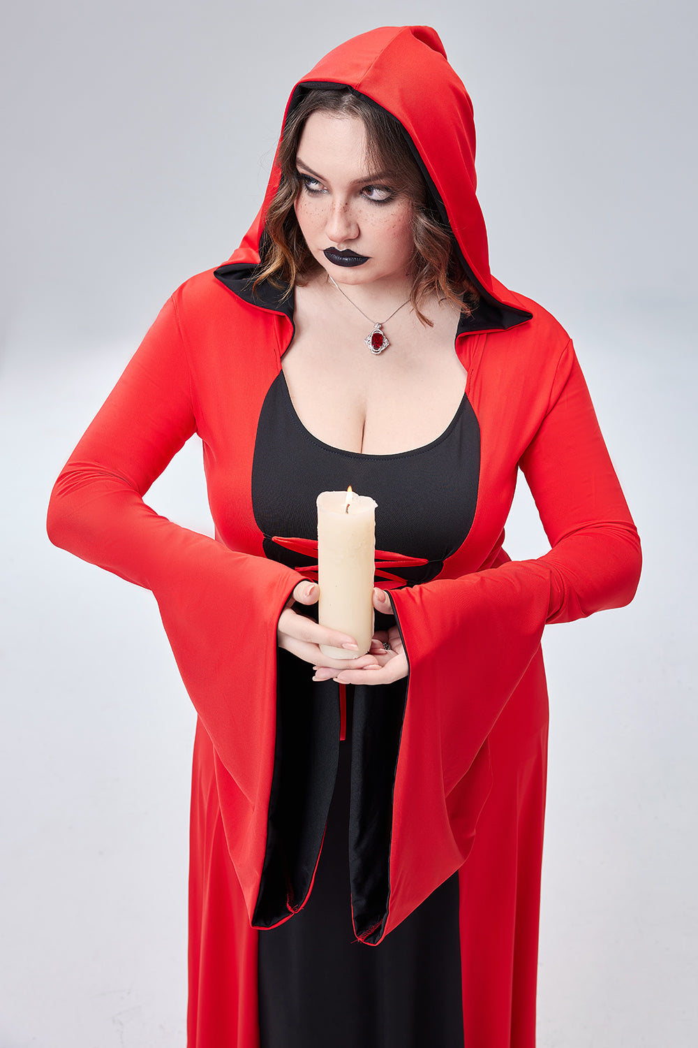 Halloween Costume Red Hooded Lace Up Witches Trumpet Sleeve Knitted Maxi Dress(Ships 24h)
