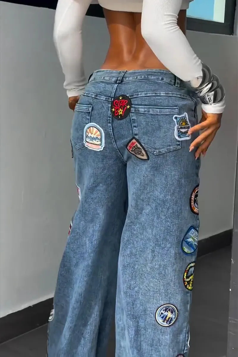 Women's Fashion Pattern Badge Beaded Wide Leg Jeans