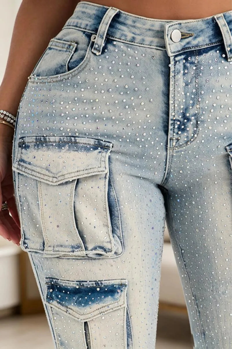 Women Rhinestone Washed Water Spliced Pocket Casual Jeans