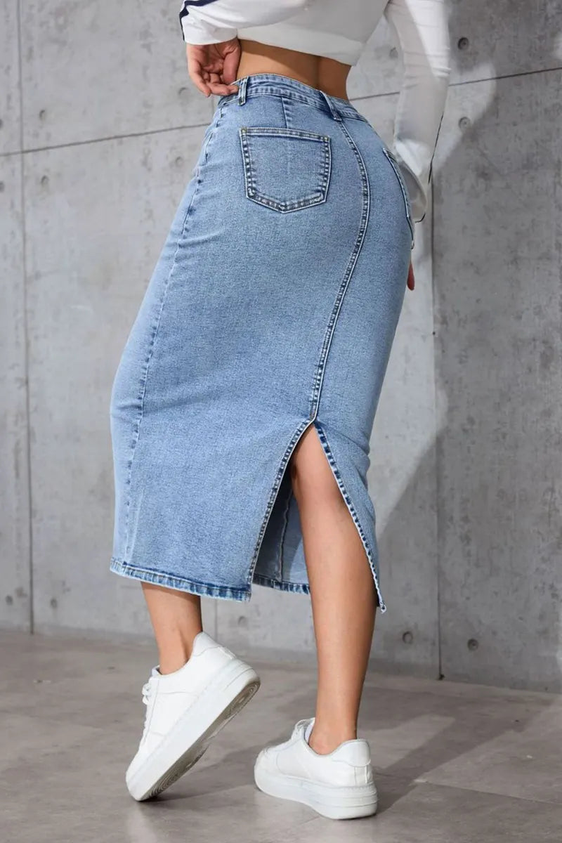 Ladies High-Waist Slimming Mid-Length Denim Skirt