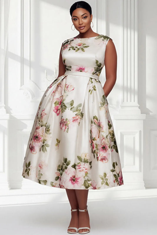 Wedding Guest White Floral Round Neck Pocket Satin Midi Dresses