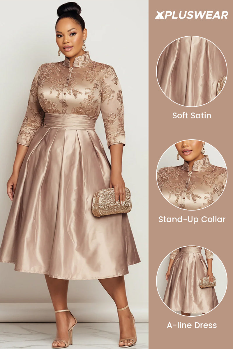 Churchs Champagne Stand-Up Collar 3/4 Sleeve Pocket Elegant Contrast Satin Midi Dresses