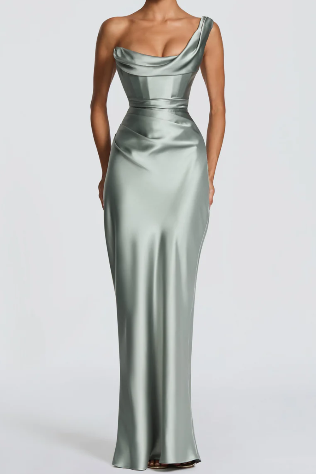 Sage Green Satin Corset Maxi Dress with Draped Detail - Elegant Formal Evening Gown