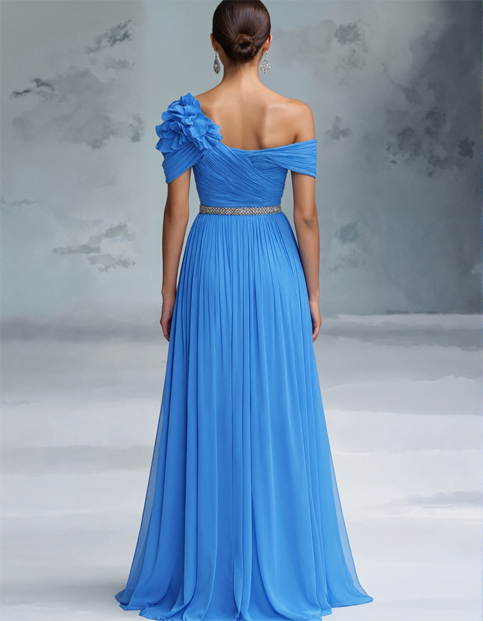 Pleated Chiffon 3d Floral Pattern Maxi Dress