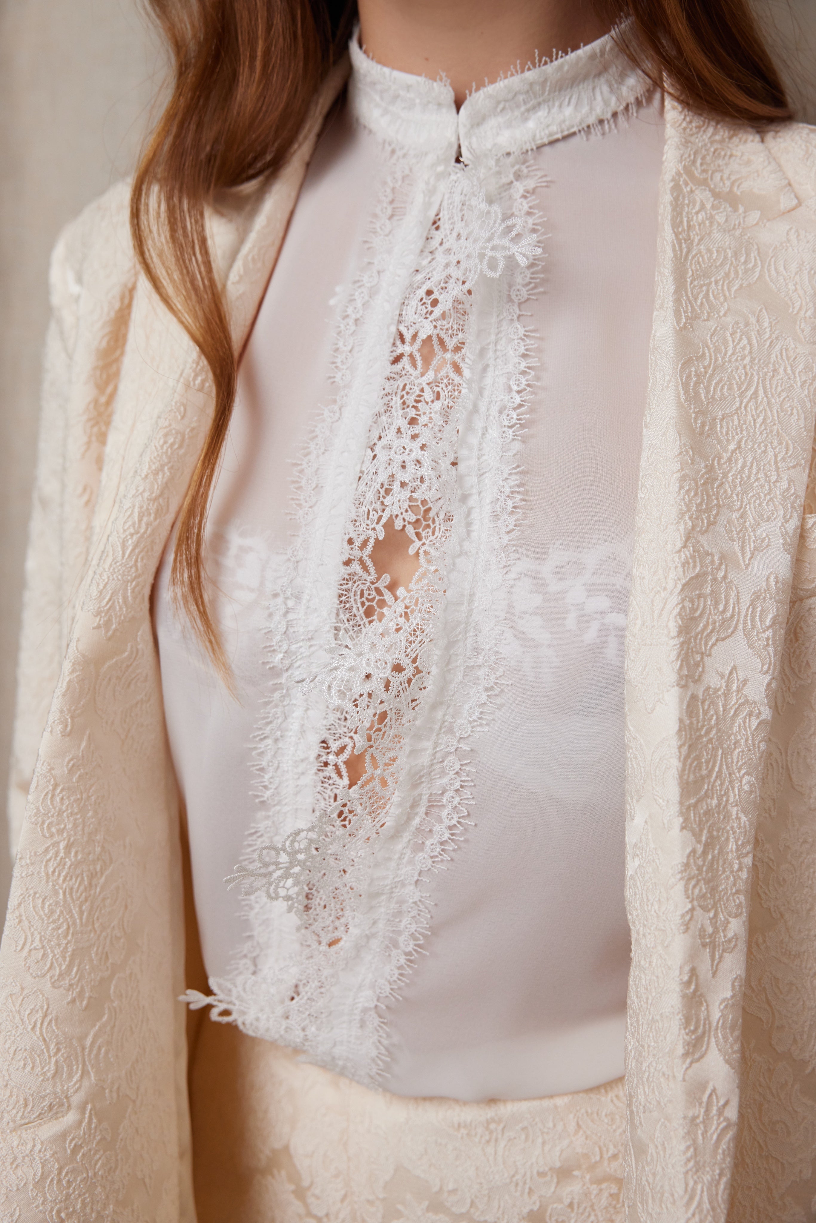 Ivory Jacquard Blazer & Shorts Set with Lace Chiffon Blouse