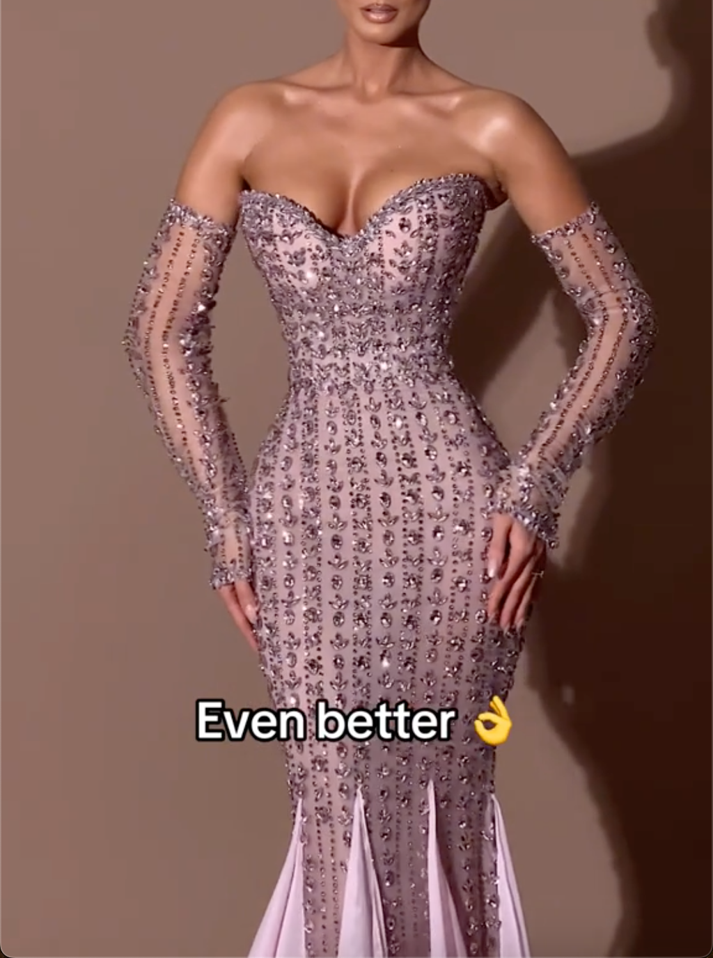 Light Pink Strapless Sweetheart Sequin Mermaid Maxi Dress with Long Sheer Sleeves