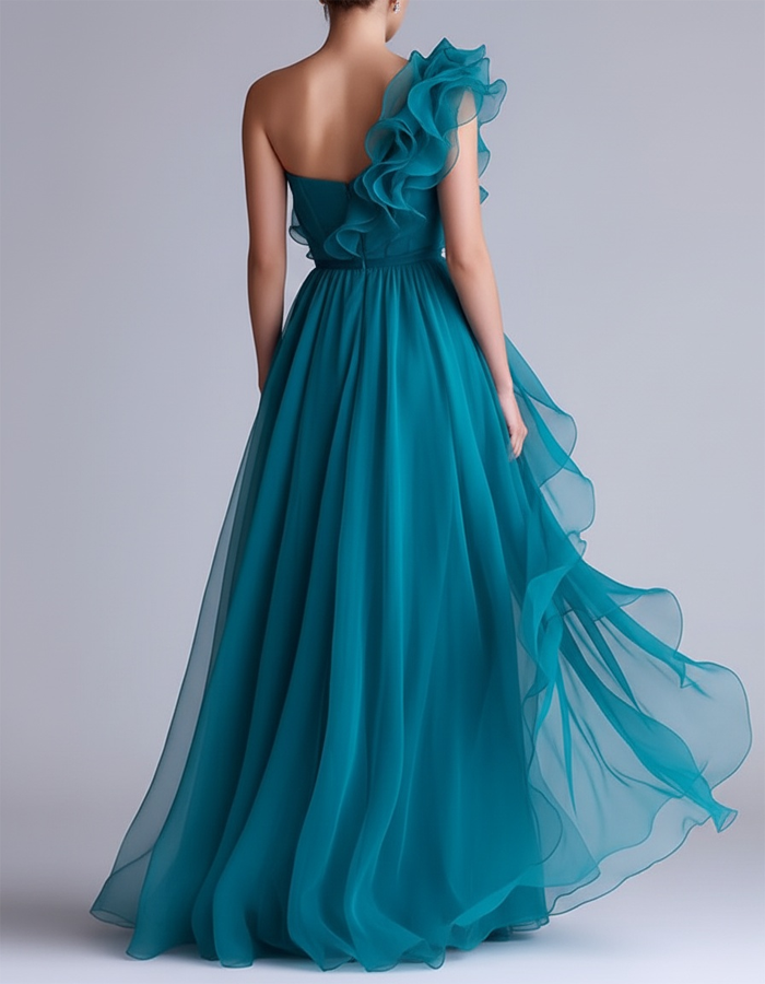 Lake Blue Chiffon One-Shoulder Ruffled Midi Dress